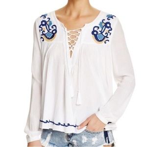 Lovers + Friends Anthropologie Embroidered Athens Ivory Top Size S